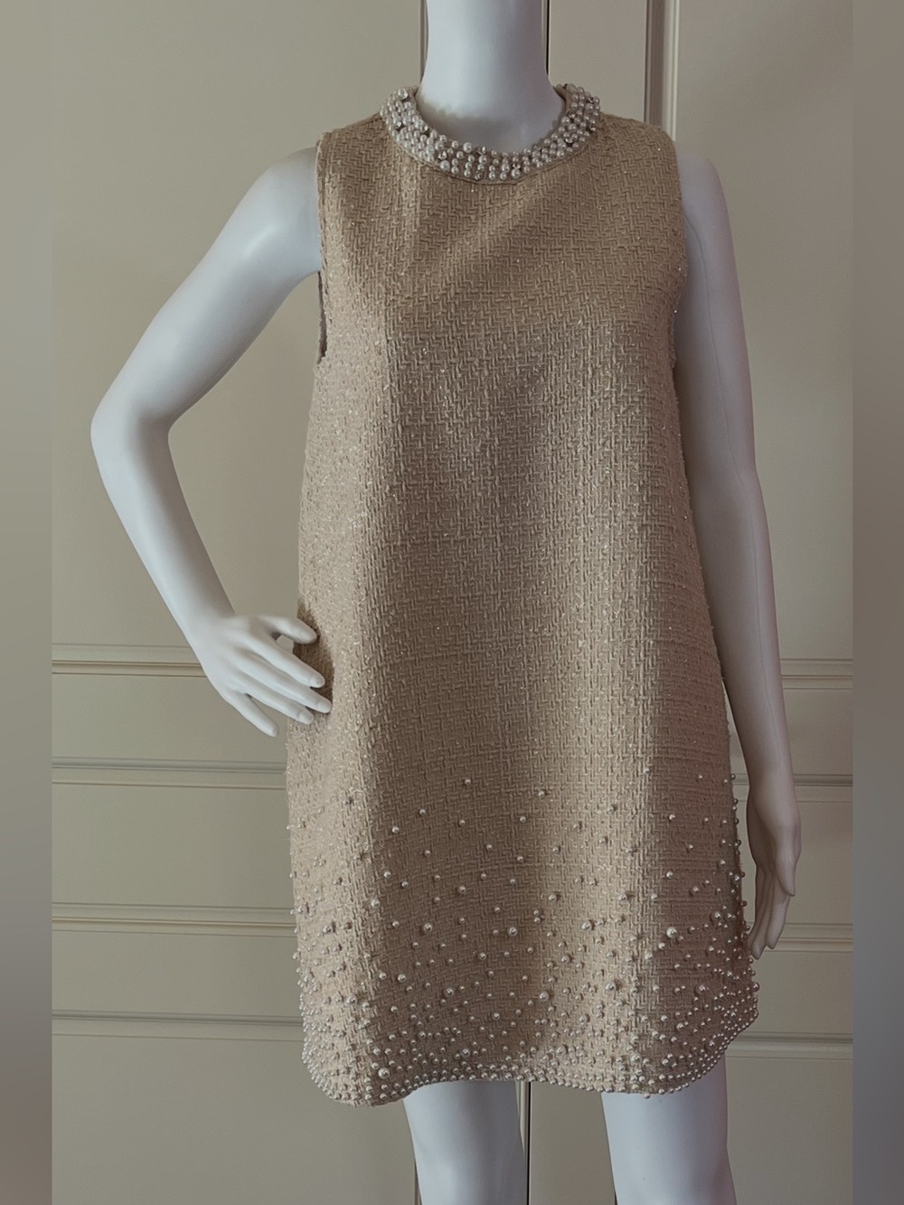 Tweed  Cream Metallic thread Pearl Collar Mini Dress